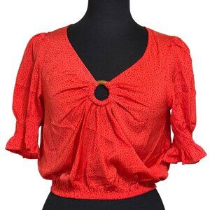Express Red Dotted Ring Front Puff-Sleeve Blouse 100% Polyester Women's Size XS